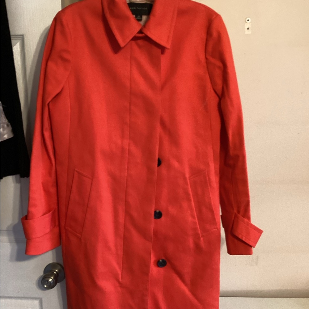 Ann Taylor Red Trench Coat with Long Sleeves and Prominent Collar